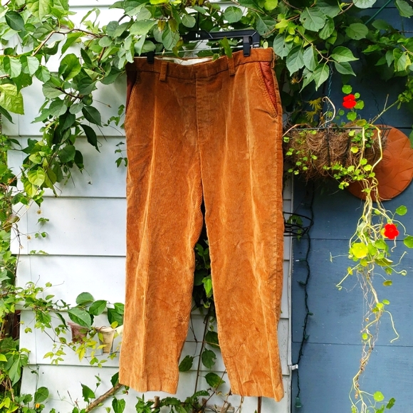ORVIS Mens Wide Wale Corduroy Pants Caramel Tan Leather trim Size 36 - Picture 1 of 5